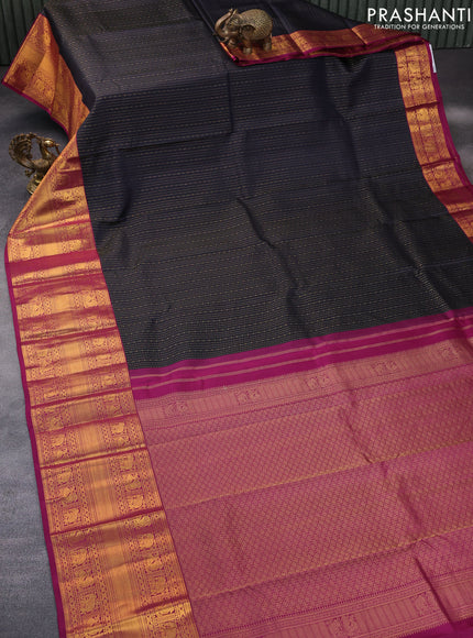 Pure kanchipuram silk saree deep navy blue and magenta pink with allover zari weaves and long zari woven korvai border