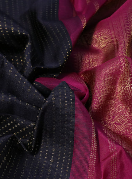 Pure kanchipuram silk saree deep navy blue and magenta pink with allover zari weaves and long zari woven korvai border