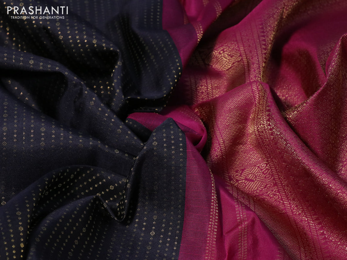 Pure kanchipuram silk saree deep navy blue and magenta pink with allover zari weaves and long zari woven korvai border