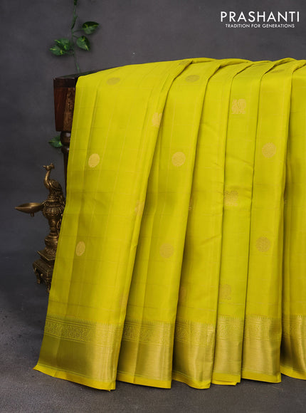 Pure kanchipuram silk saree lime yellow and pink with allover zari checks & buttas and zari woven border