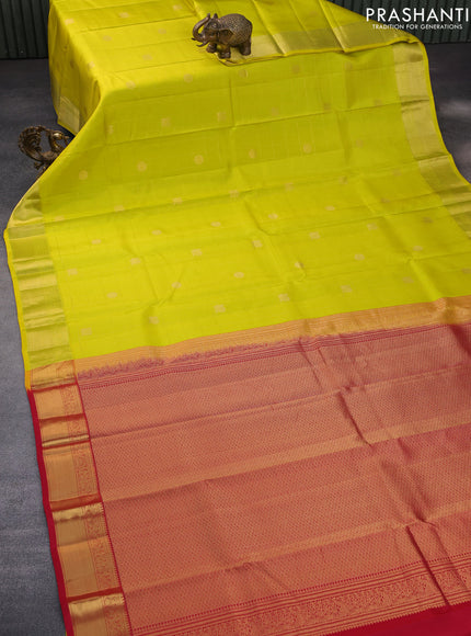 Pure kanchipuram silk saree lime yellow and pink with allover zari checks & buttas and zari woven border