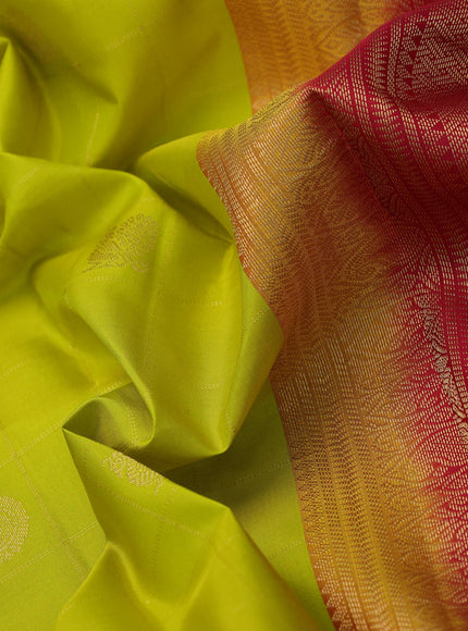 Pure kanchipuram silk saree lime yellow and pink with allover zari checks & buttas and zari woven border