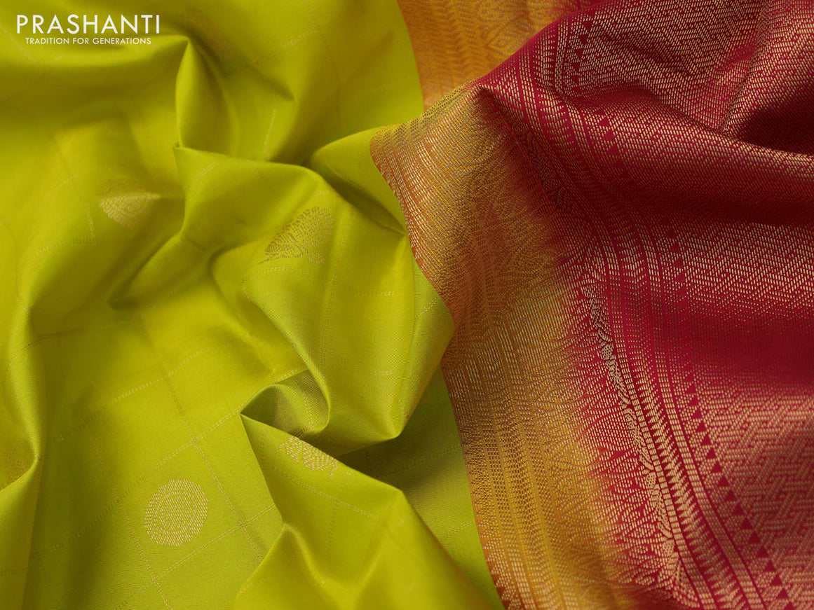 Pure kanchipuram silk saree lime yellow and pink with allover zari checks & buttas and zari woven border