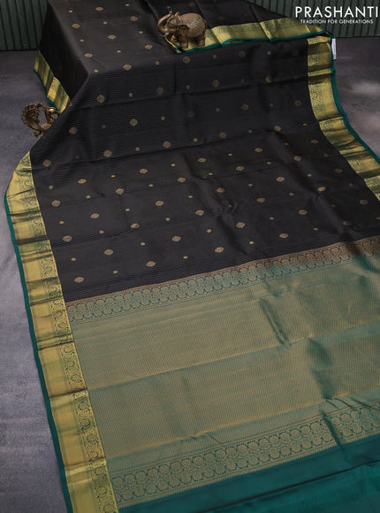 Pure kanchipuram silk saree black and dark green with allover zari strips & buttas and zari woven border