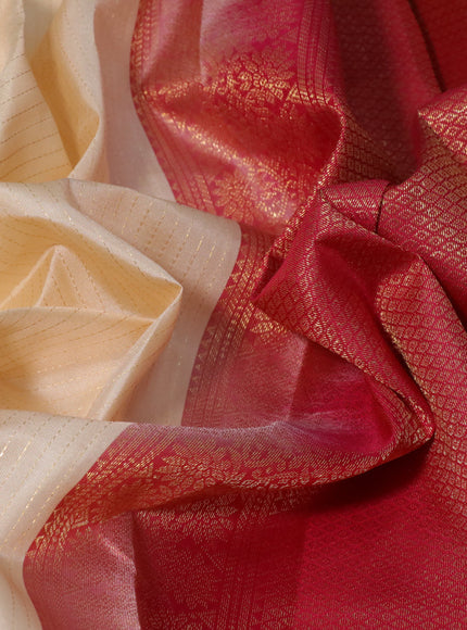 Pure kanchipuram silk saree cream and pink with allover zari strips & buttas and zari woven border