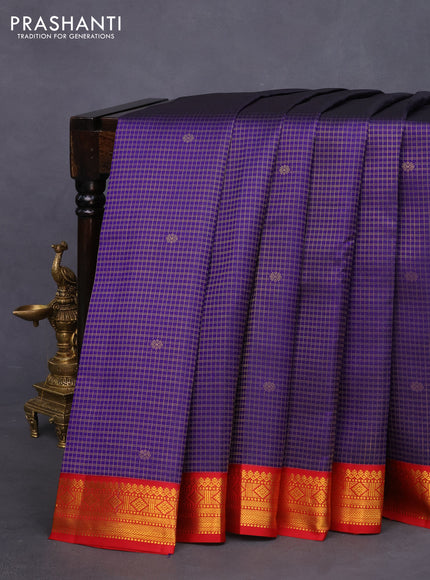 Pure kanchipuram silk saree blue and red with allover zari checks & buttas and zari woven korvai border