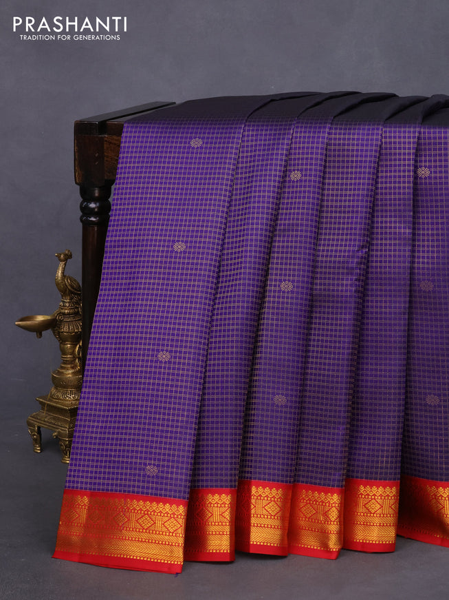 Pure kanchipuram silk saree blue and red with allover zari checks & buttas and zari woven korvai border