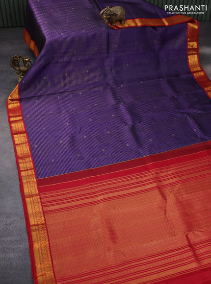 Pure kanchipuram silk saree blue and red with allover zari checks & buttas and zari woven korvai border