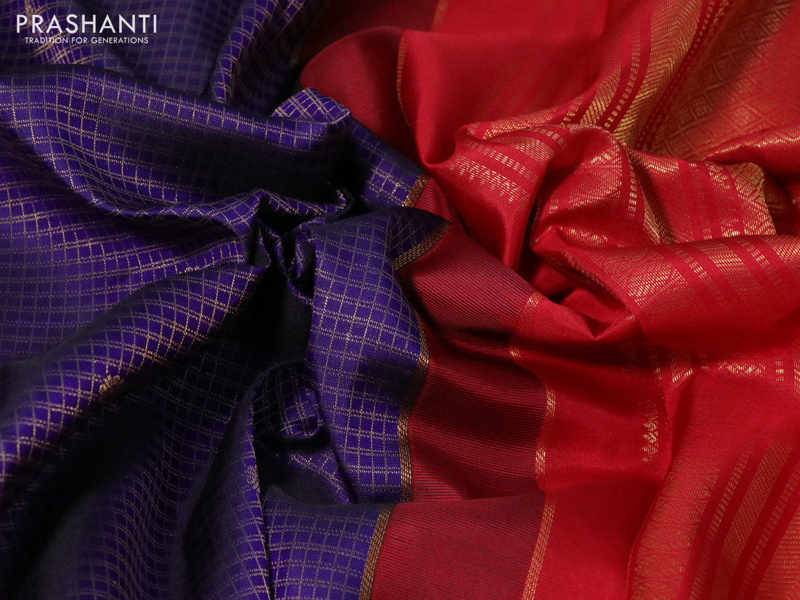 Pure kanchipuram silk saree blue and red with allover zari checks & buttas and zari woven korvai border