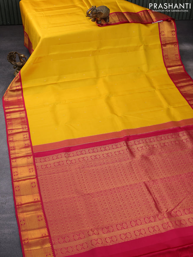 Pure kanchipuram silk saree mango yellow and pink with zari woven buttas and zari woven korvai border