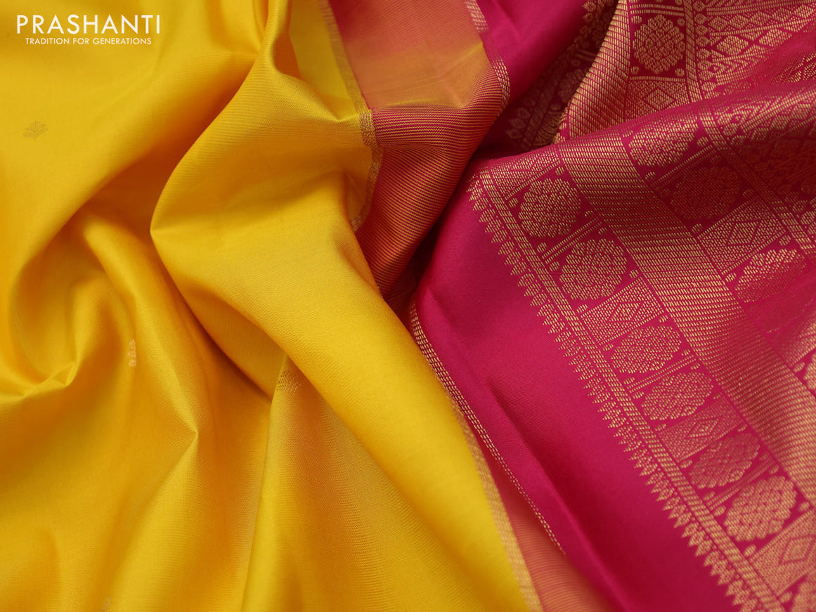 Pure kanchipuram silk saree mango yellow and pink with zari woven buttas and zari woven korvai border