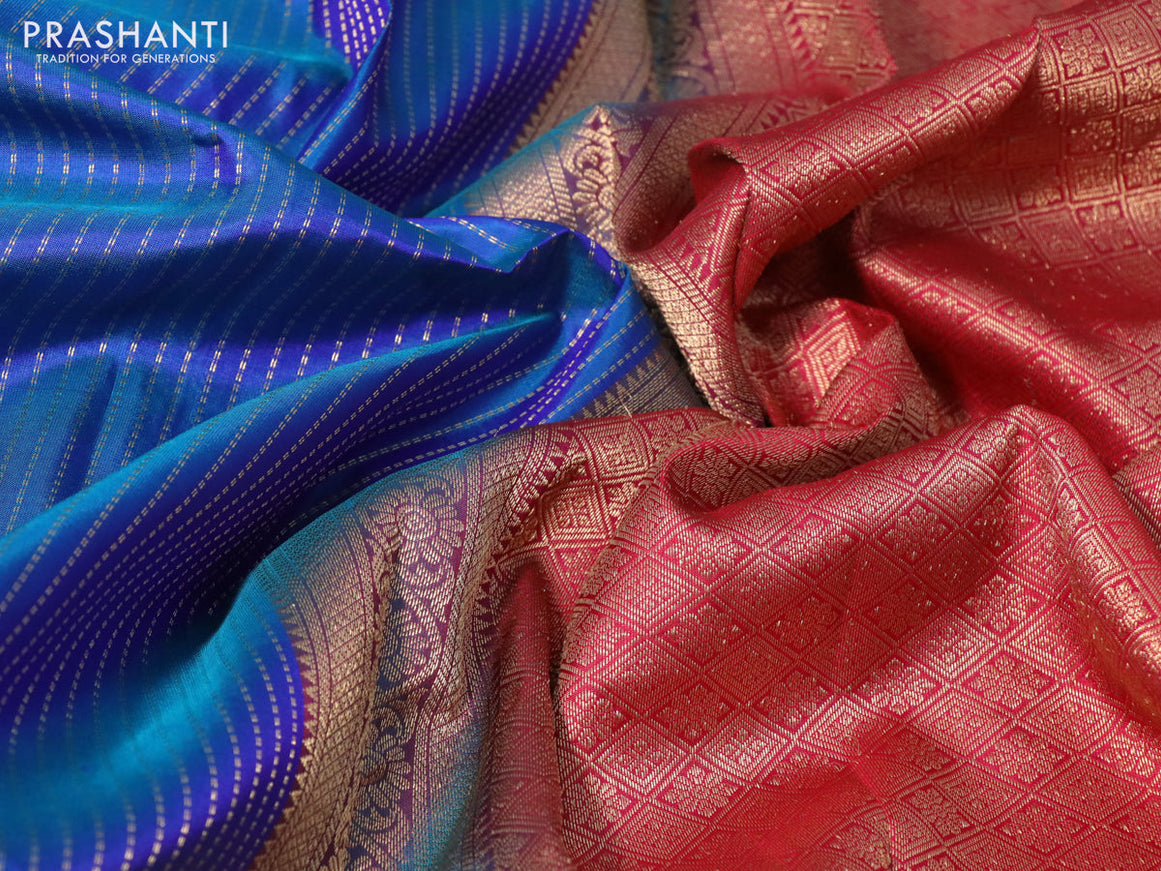 Pure kanchipuram silk saree dual shade of blue with allover zari weaves and zari woven border