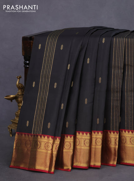 Pure kanchipuram silk saree black and maroon with allover zari weaves and zari woven border