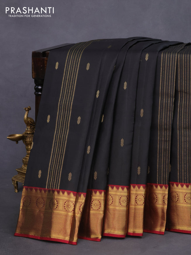 Pure kanchipuram silk saree black and maroon with allover zari weaves and zari woven border