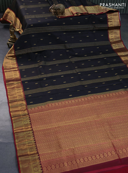 Pure kanchipuram silk saree black and maroon with allover zari weaves and zari woven border