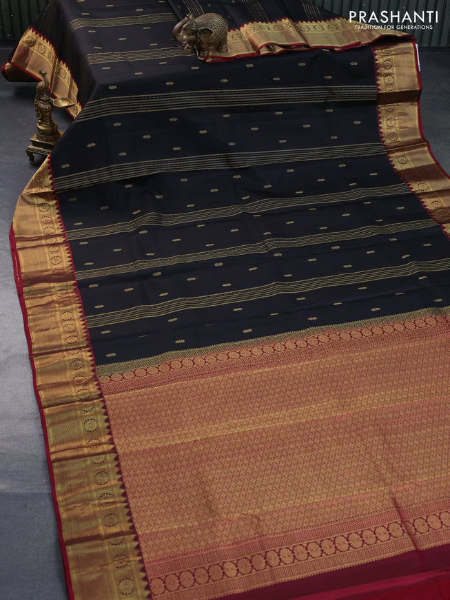 Pure kanchipuram silk saree black and maroon with allover zari weaves and zari woven border