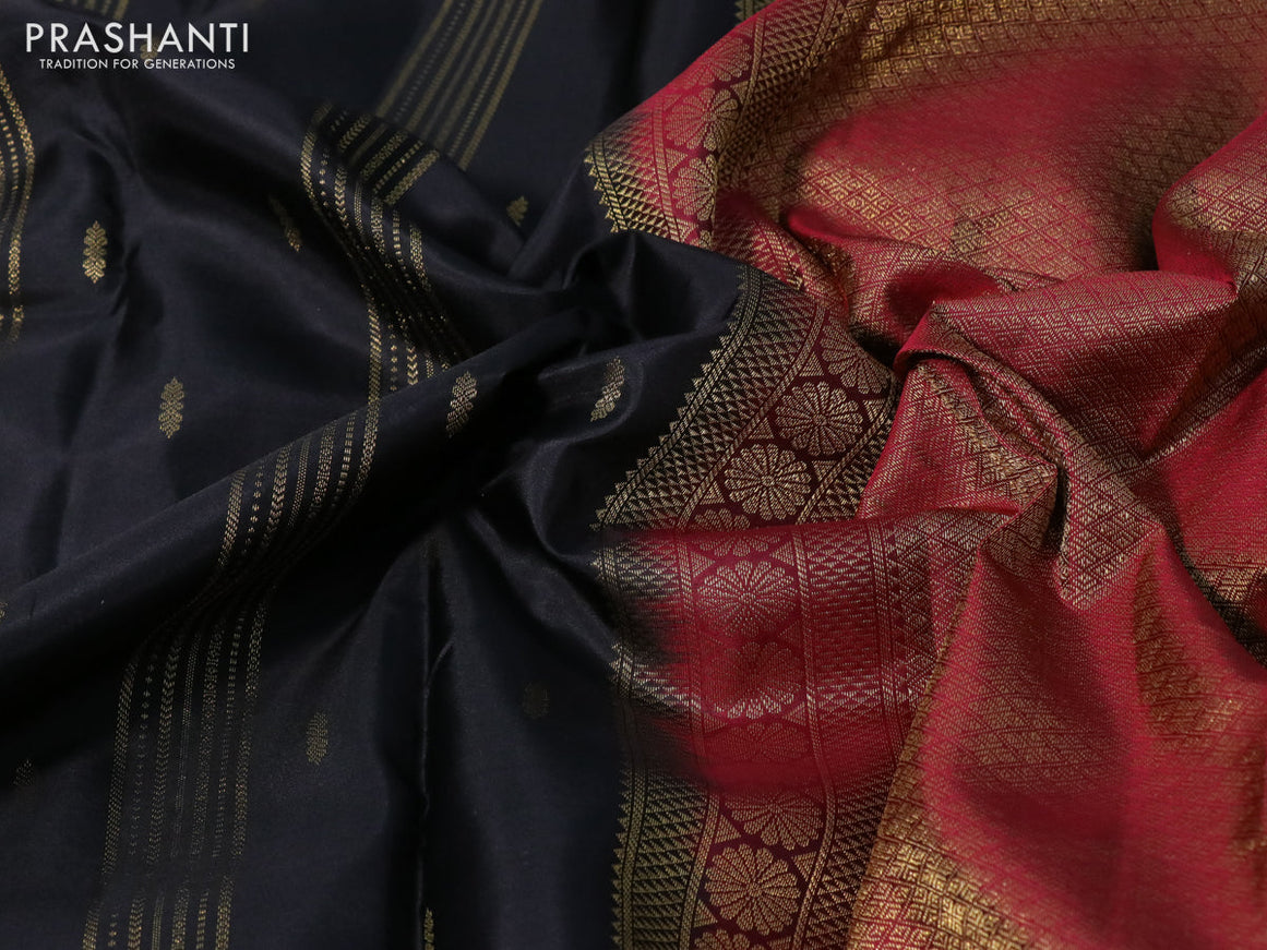 Pure kanchipuram silk saree black and maroon with allover zari weaves and zari woven border