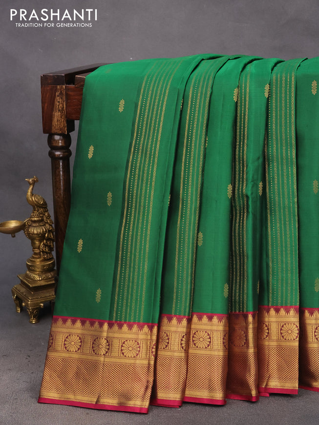 Pure kanchipuram silk saree green and magenta pink with allover zari weaves and zari woven border