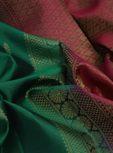 Pure kanchipuram silk saree green and magenta pink with allover zari weaves and zari woven border