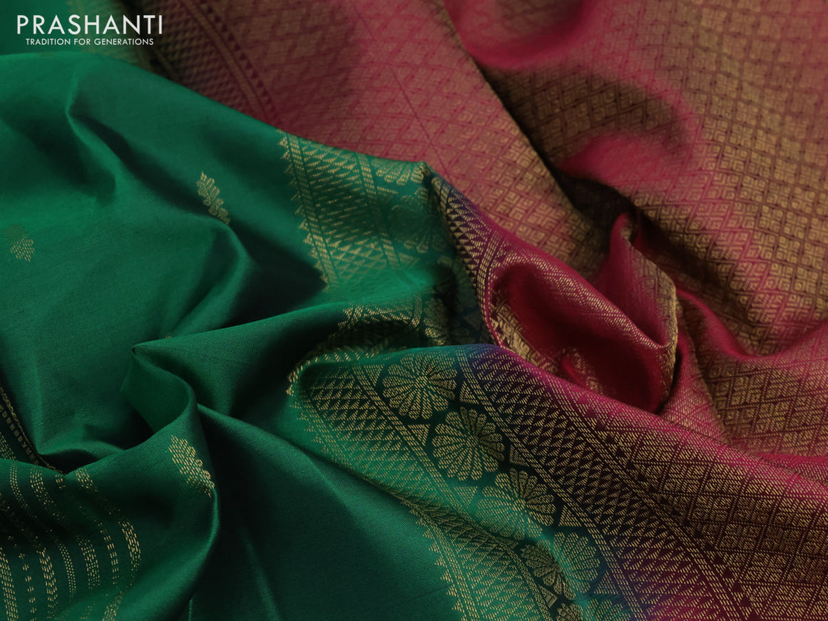 Pure kanchipuram silk saree green and magenta pink with allover zari weaves and zari woven border