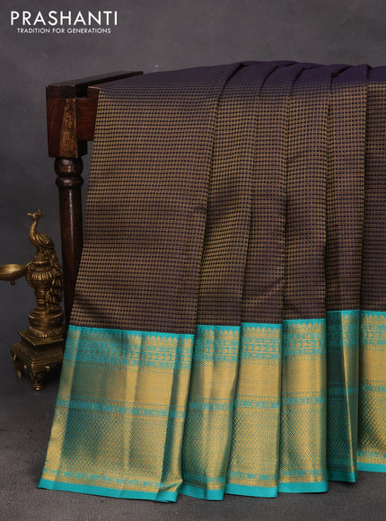 Pure kanchipuram silk saree deep jamun shade and teal blue with allover zari checked pattern and long zari woven korvai border