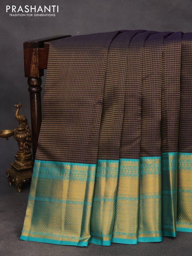 Pure kanchipuram silk saree deep jamun shade and teal blue with allover zari checked pattern and long zari woven korvai border