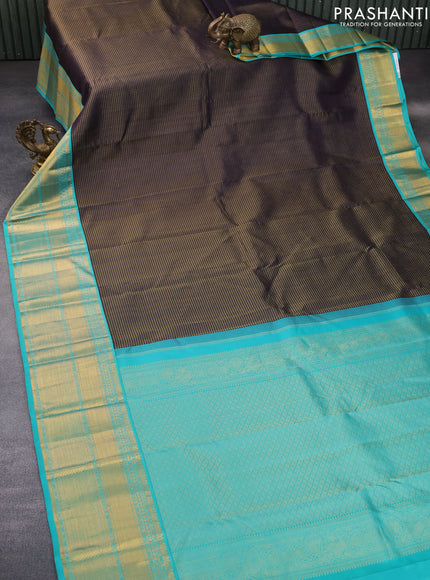 Pure kanchipuram silk saree deep jamun shade and teal blue with allover zari checked pattern and long zari woven korvai border