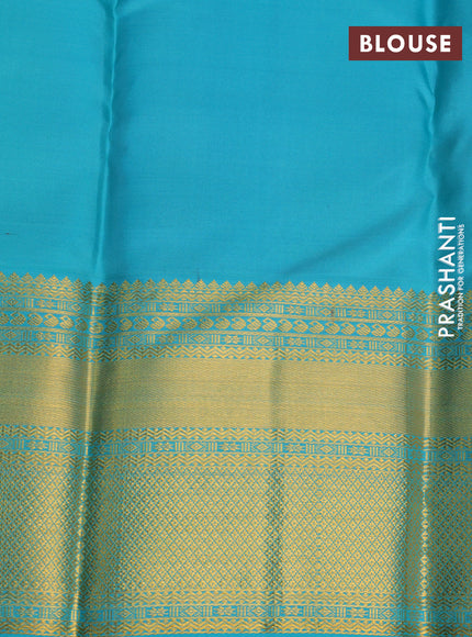 Pure kanchipuram silk saree deep jamun shade and teal blue with allover zari checked pattern and long zari woven korvai border