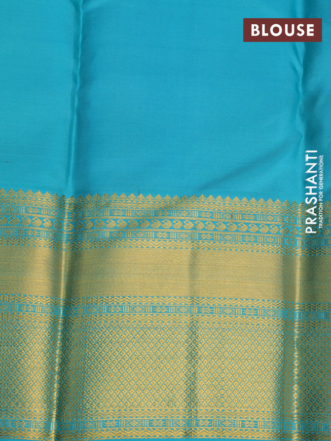 Pure kanchipuram silk saree deep jamun shade and teal blue with allover zari checked pattern and long zari woven korvai border