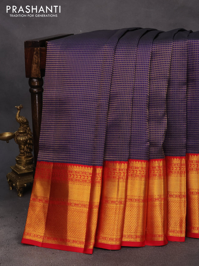 Pure kanchipuram silk saree blue and red with allover zari checked pattern and long zari woven korvai border