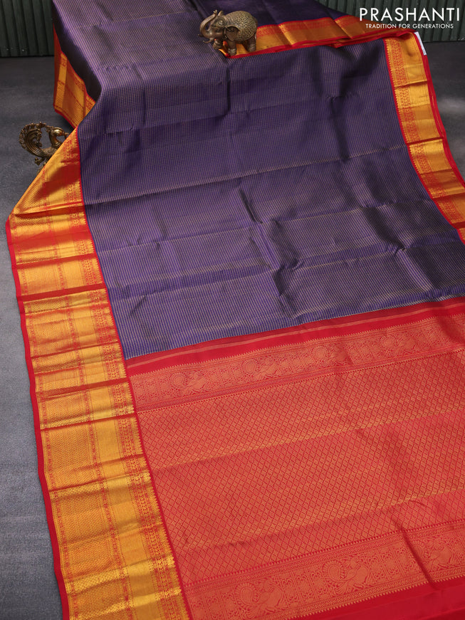 Pure kanchipuram silk saree blue and red with allover zari checked pattern and long zari woven korvai border