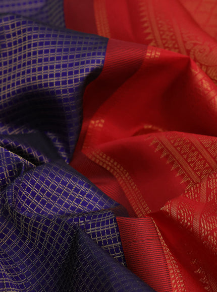 Pure kanchipuram silk saree blue and red with allover zari checked pattern and long zari woven korvai border