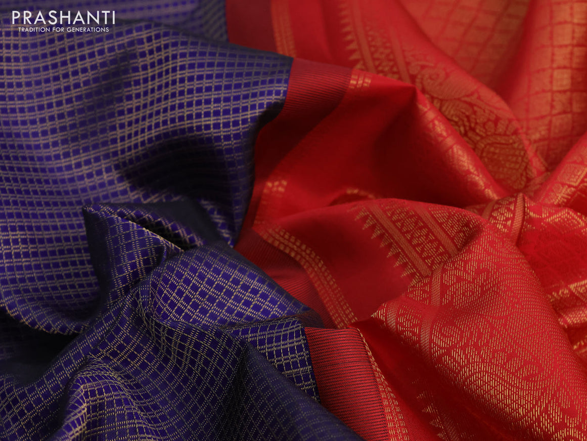 Pure kanchipuram silk saree blue and red with allover zari checked pattern and long zari woven korvai border