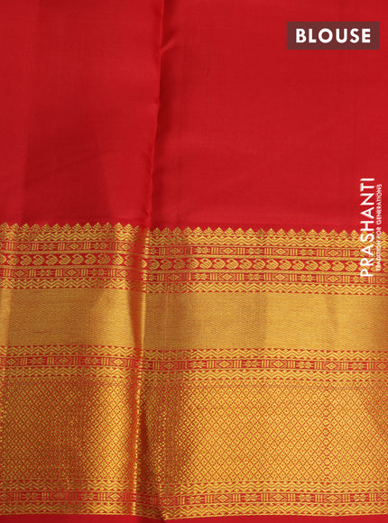 Pure kanchipuram silk saree blue and red with allover zari checked pattern and long zari woven korvai border