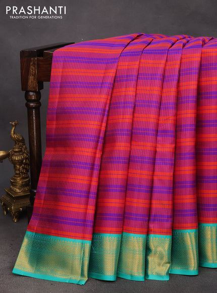 Pure kanchipuram silk saree red violet and teal blue with allover zari stripe pattern and zari woven korvai border