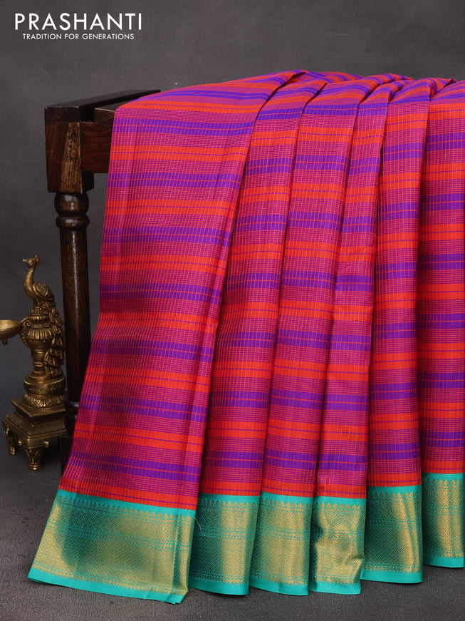 Pure kanchipuram silk saree red violet and teal blue with allover zari stripe pattern and zari woven korvai border