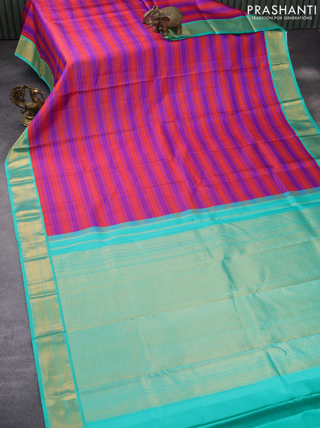 Pure kanchipuram silk saree red violet and teal blue with allover zari stripe pattern and zari woven korvai border