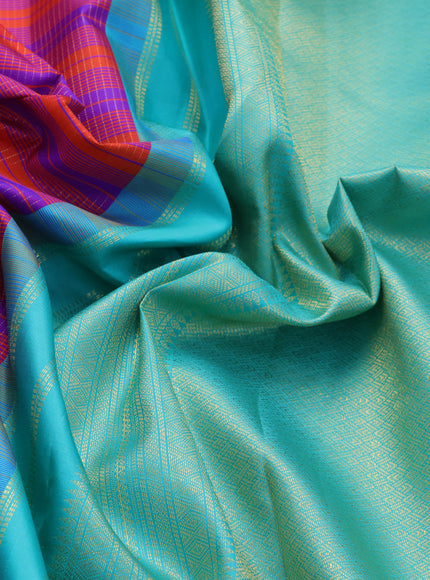 Pure kanchipuram silk saree red violet and teal blue with allover zari stripe pattern and zari woven korvai border