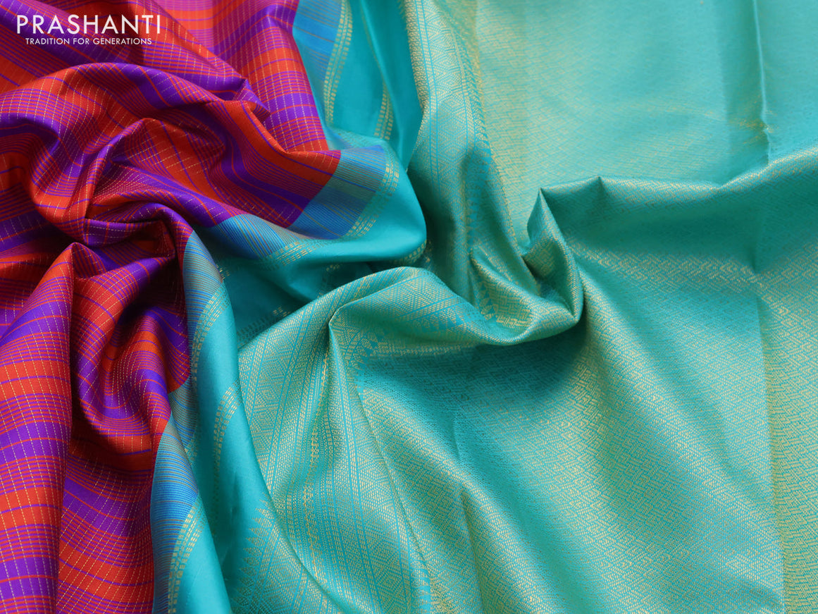 Pure kanchipuram silk saree red violet and teal blue with allover zari stripe pattern and zari woven korvai border