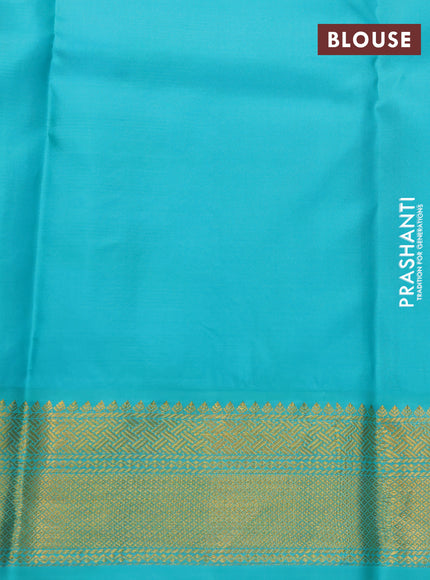 Pure kanchipuram silk saree red violet and teal blue with allover zari stripe pattern and zari woven korvai border