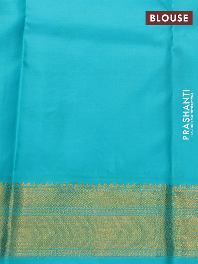 Pure kanchipuram silk saree red violet and teal blue with allover zari stripe pattern and zari woven korvai border