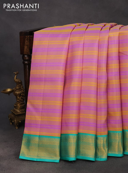 Pure kanchipuram silk saree mustard yellow lavender and teal blue shade with allover zari stripe pattern and zari woven korvai border