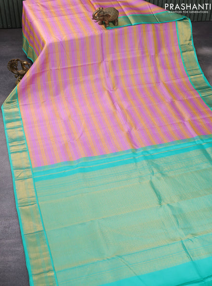 Pure kanchipuram silk saree mustard yellow lavender and teal blue shade with allover zari stripe pattern and zari woven korvai border