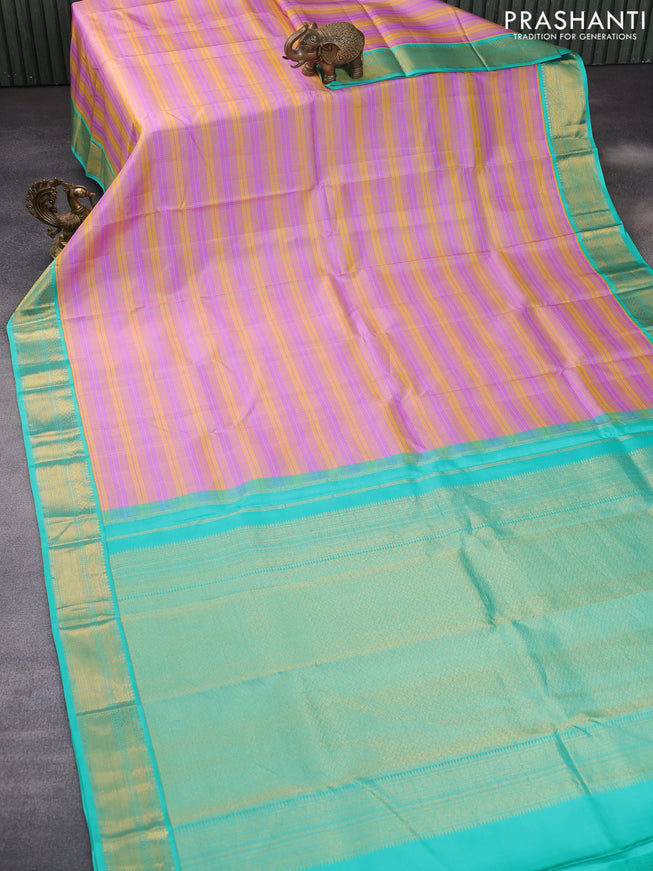 Pure kanchipuram silk saree mustard yellow lavender and teal blue shade with allover zari stripe pattern and zari woven korvai border