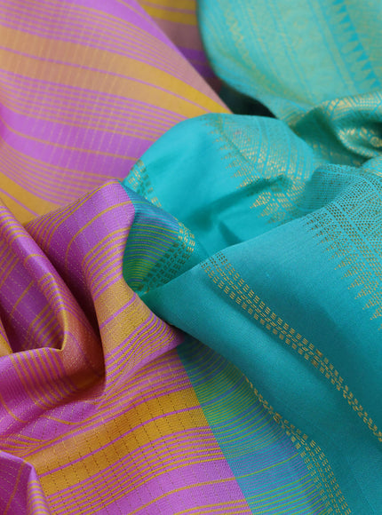 Pure kanchipuram silk saree mustard yellow lavender and teal blue shade with allover zari stripe pattern and zari woven korvai border