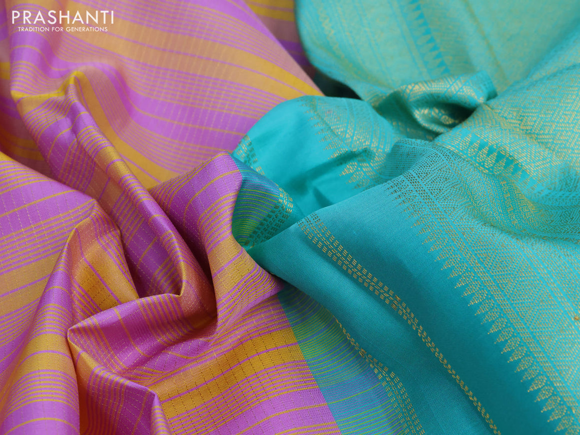 Pure kanchipuram silk saree mustard yellow lavender and teal blue shade with allover zari stripe pattern and zari woven korvai border