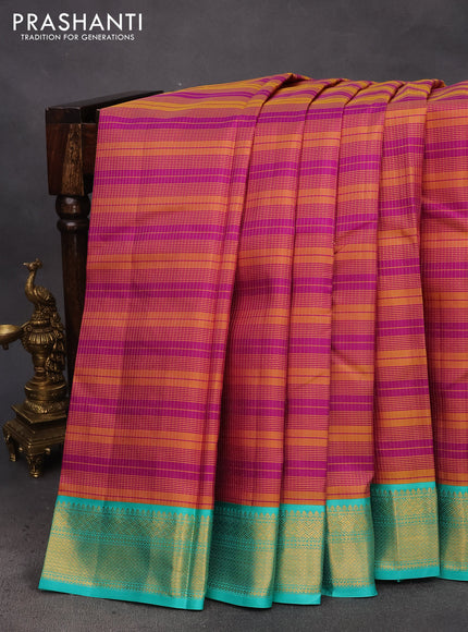 Pure kanchipuram silk saree dark mustard purple and teal blue with allover zari stripe pattern and zari woven korvai border