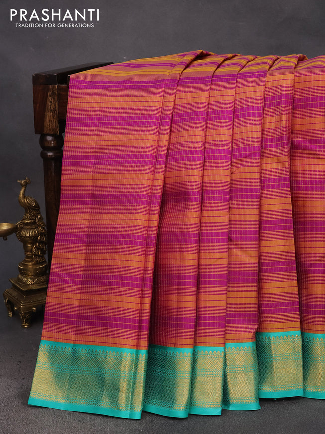 Pure kanchipuram silk saree dark mustard purple and teal blue with allover zari stripe pattern and zari woven korvai border