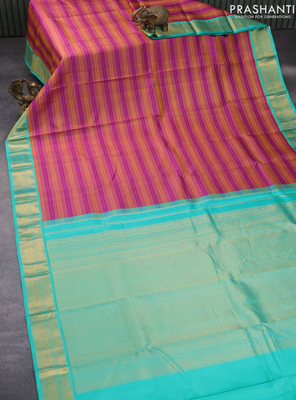 Pure kanchipuram silk saree dark mustard purple and teal blue with allover zari stripe pattern and zari woven korvai border