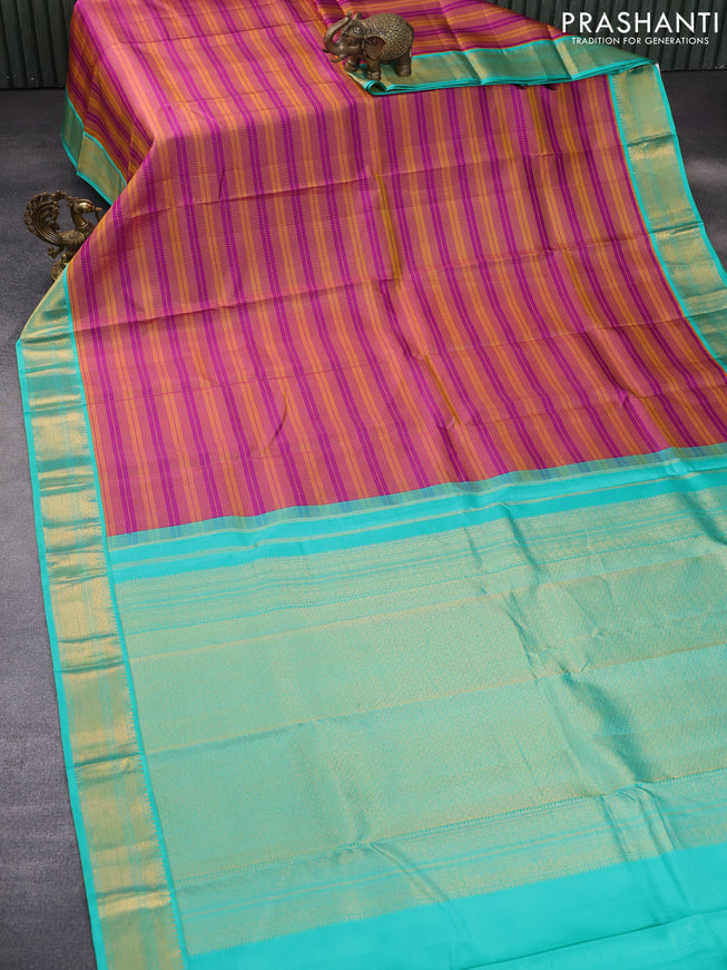 Pure kanchipuram silk saree dark mustard purple and teal blue with allover zari stripe pattern and zari woven korvai border